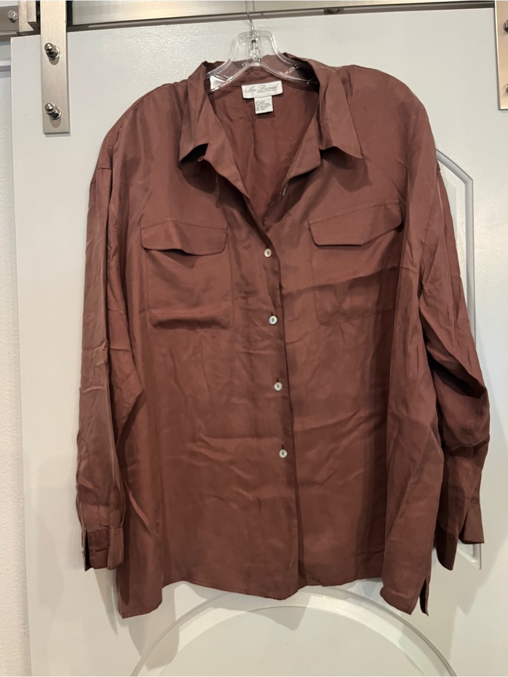Vintage chocolate Brown silk Button-Down long sleeve blouse. PLUS